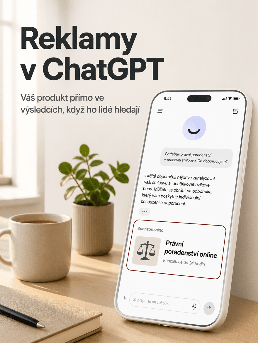 Telefon zobrazující konverzaci v ChatGPT se sponzorovanou reklamou na právní poradenství